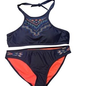 Navy and Coral Women's Swim Set Heat Swimwear  BIKINI top + bottom size L. NWOT